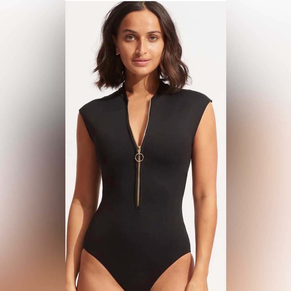 NWT Seafolly Collective Zip Front One Piece Swimsuit - Black Sz US 12 $170